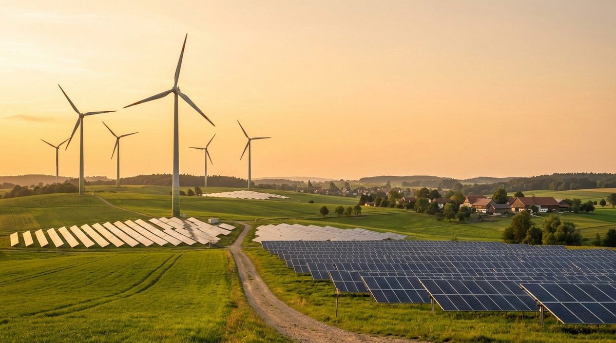 Windräder und Solaranlagen als Symbole der Energiewende in Deutschland